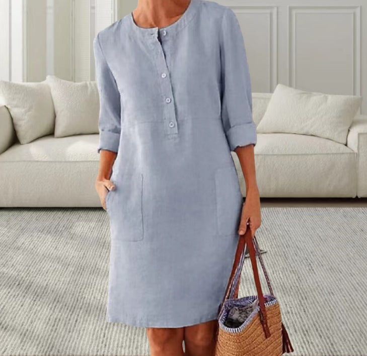 Dame afslappet linnedragt med knaplukning og praktiske lommer Stilla