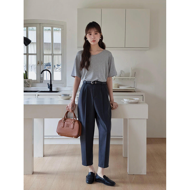 Dame elegant høj talje jakkesæt bukser med folder og bæltestropper Stilla