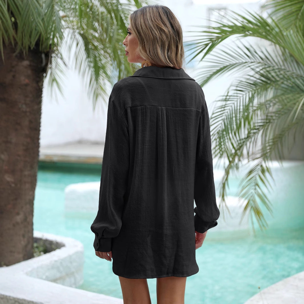 Dame afslappet strandbluse i let materiale med lange ærmer Stilla