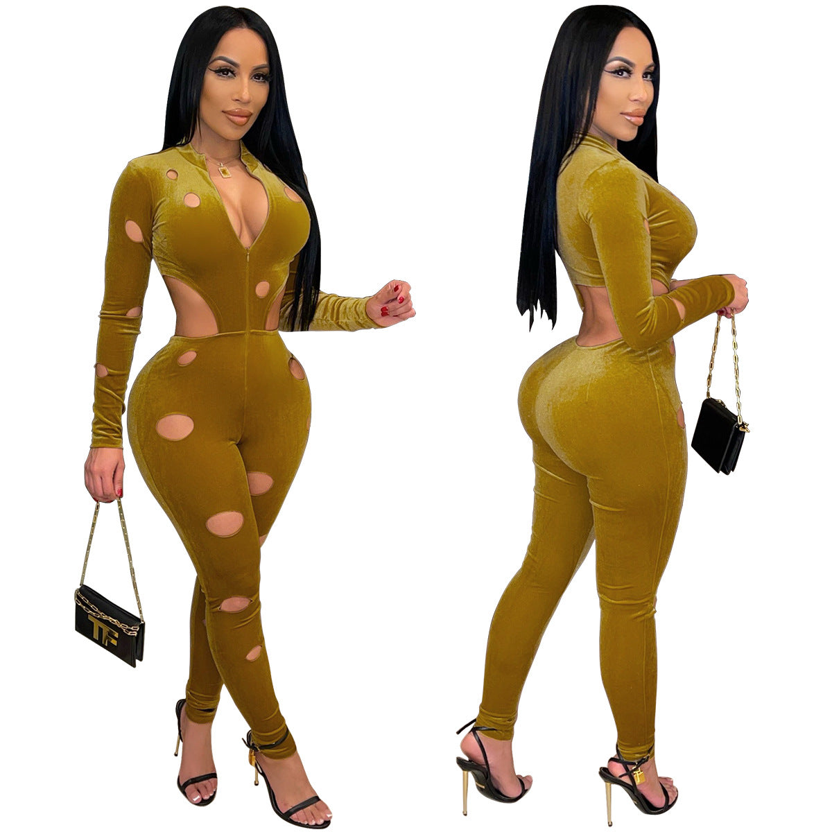 Dame figursyet Cut-Out-Jumpsuit med lange ærmer og lynlås Stilla