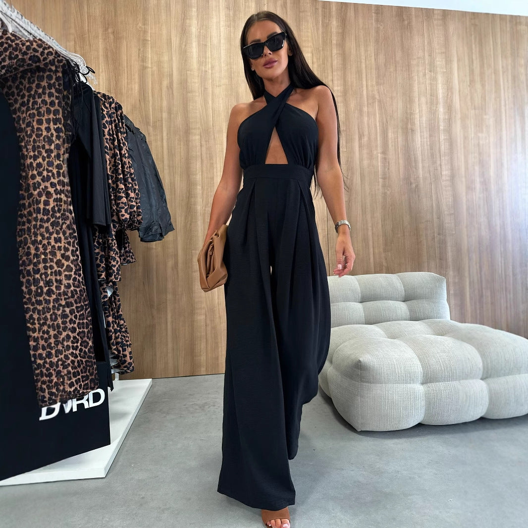 Dame elegant jumpsuit med åben ryg og voluminøse bukseben Stilla