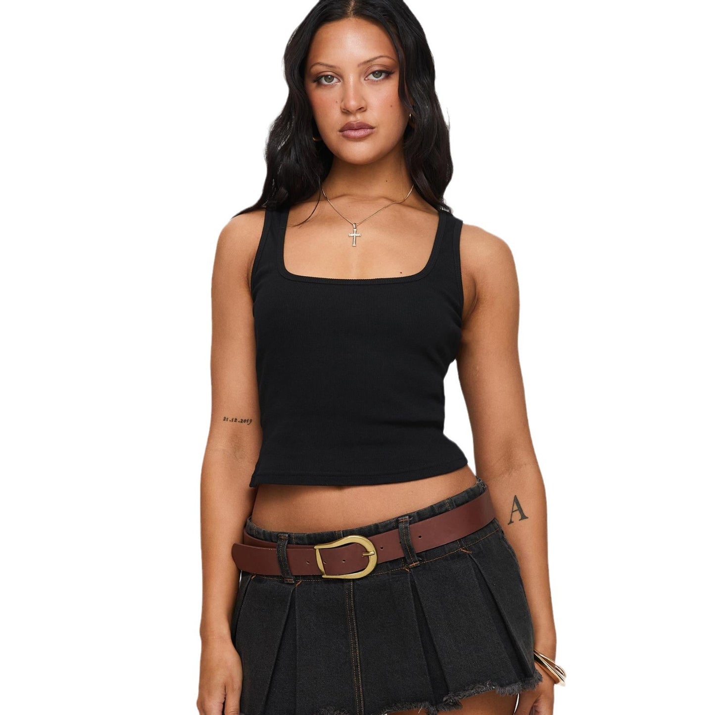 Dame cropped tanktop med firkantet Ausschnitt og fin rib struktur Stilla