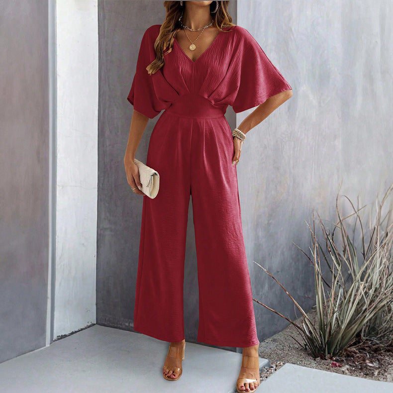 Dame Bredskåret Jumpsuit med elegante Draperinger og V-udskæring Stilla