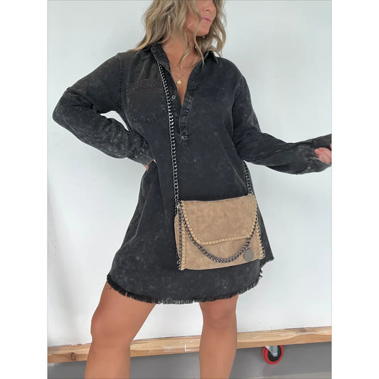 Dame Denim-langærmet kjole med struktureret fløjl-design og knapbar liste Stilla