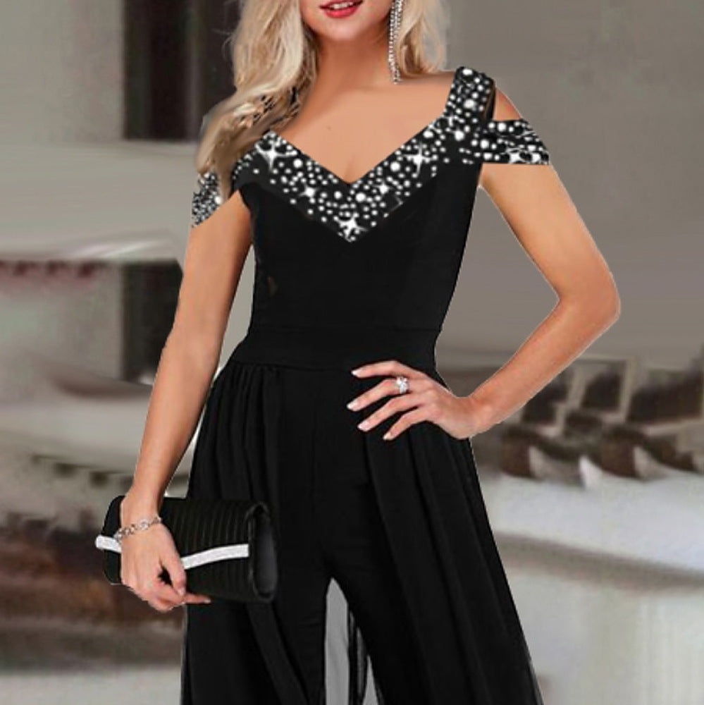 Dame elegant Empire-liv jumpsuit med gennemsigtig overlay Stilla