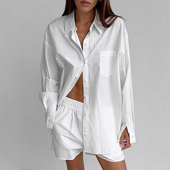 Dame afslappet skjorte- og shorts-sæt i let bomuldsstof med komfortabel pasform Stilla