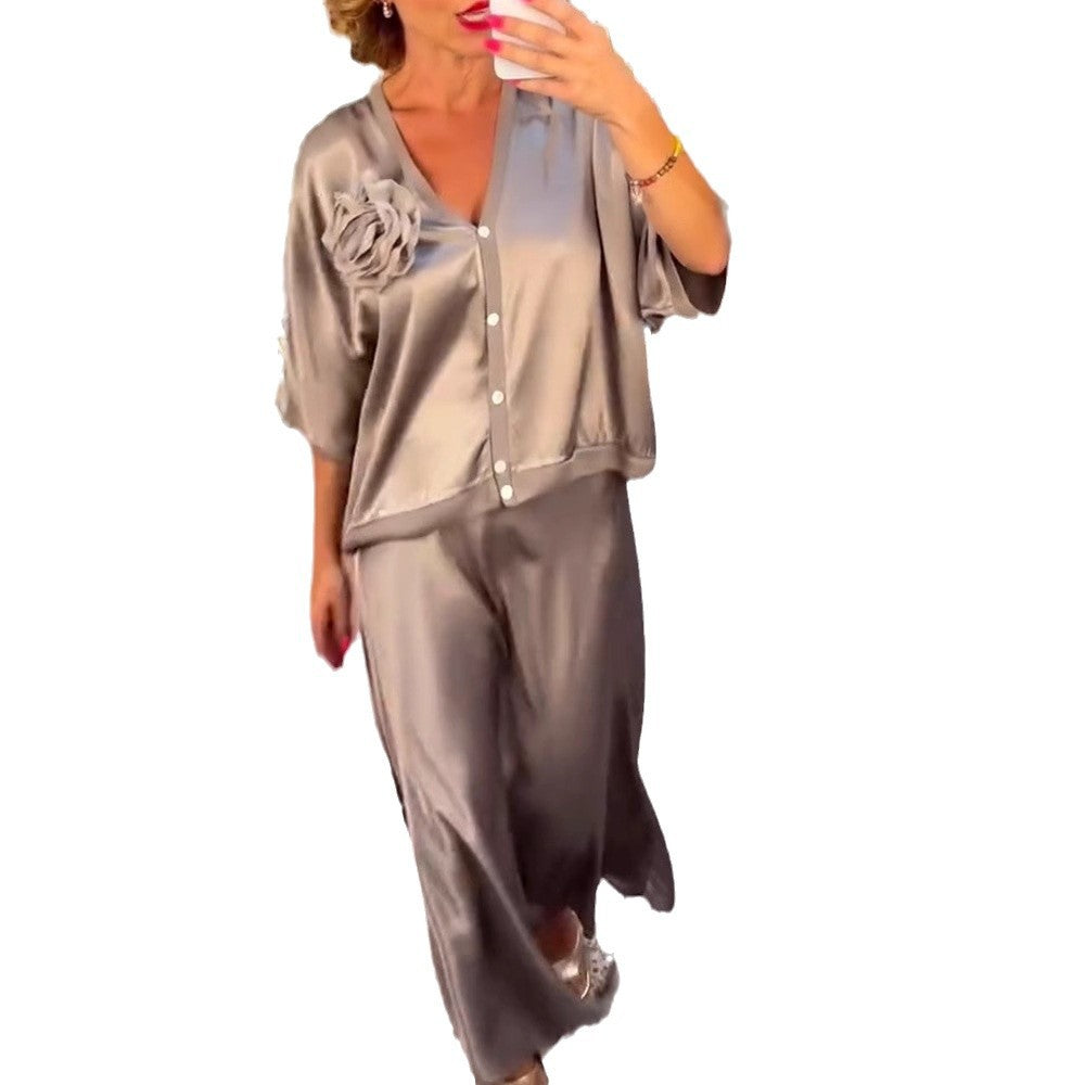 Dame elegant satin-jumpsuit med brede ærmer og dekorativ knaplukning Stilla