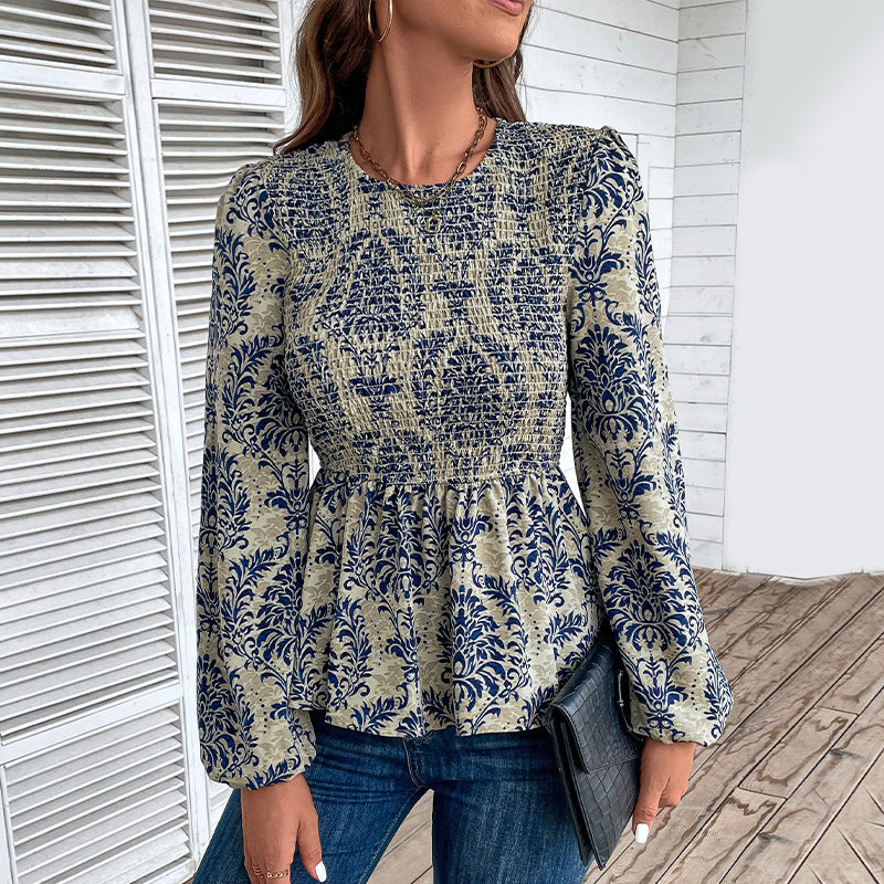 Dame Elegant Bluse med raffineret Floral-Design og Puffærmer Stilla