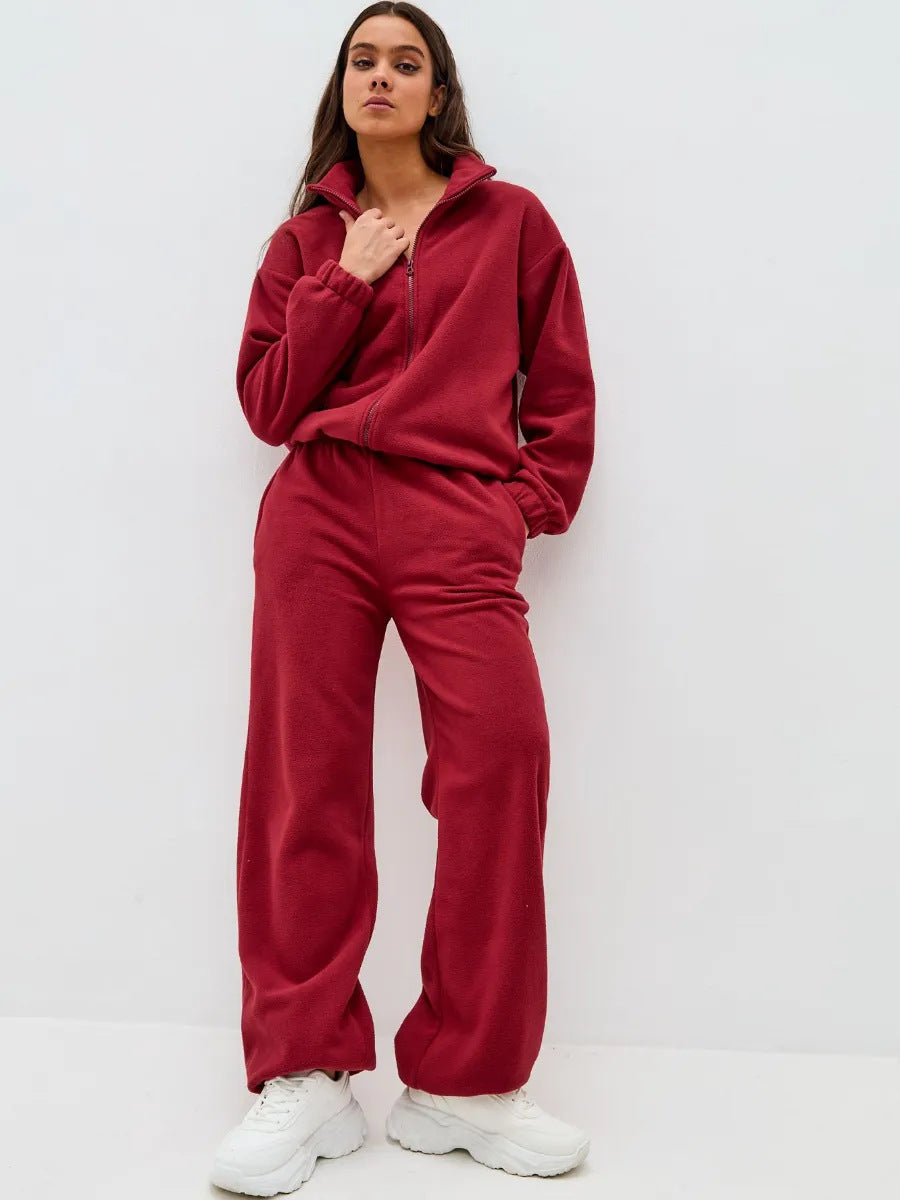 Dame Elegant fleece træningssæt med høj krave og bredt ben Stilla