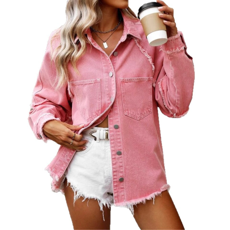 Dame afslappet overshirt-jakke i vintage-look med lommer og frynser Stilla