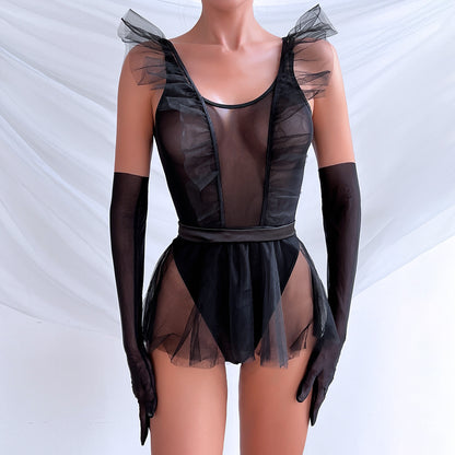 Dame romantisk rynket tyl bodysuit med lange ærmer Stilla