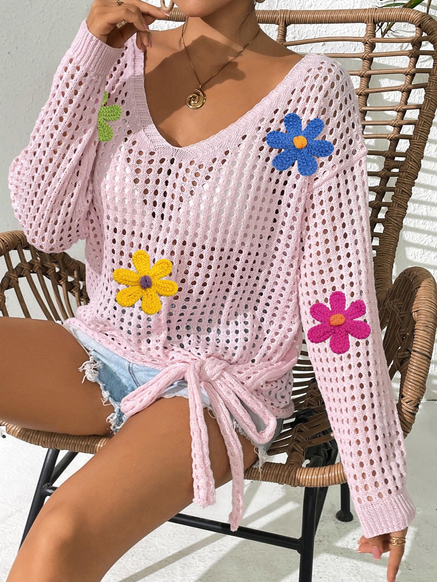 Dame Åben Vævning Floral Strikjakke Stilla