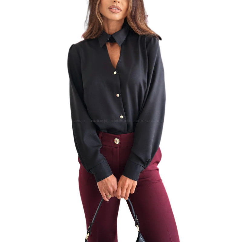 Dame elegant bluse med knapdetalje og smal krave Stilla