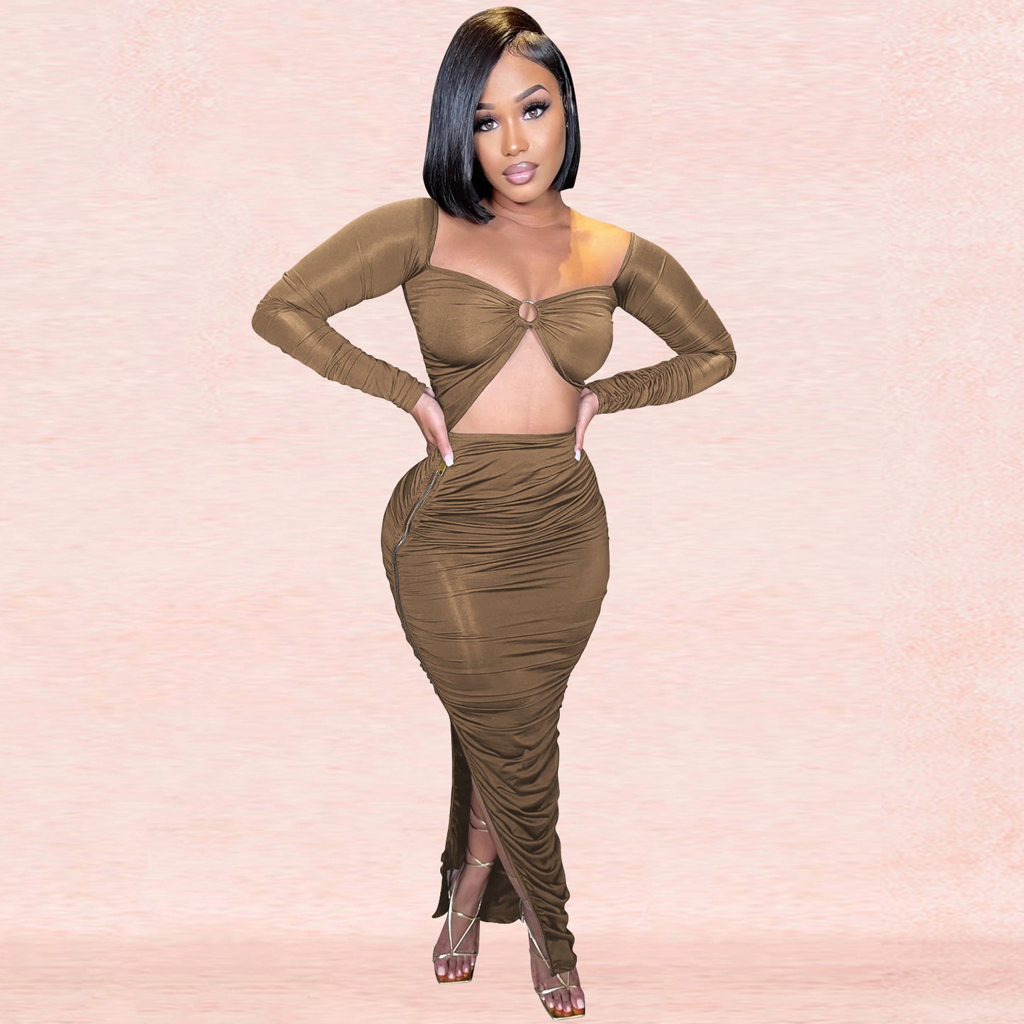 Dame Cut-Out Maxikjole med elegant rynkning og dyb slids Stilla