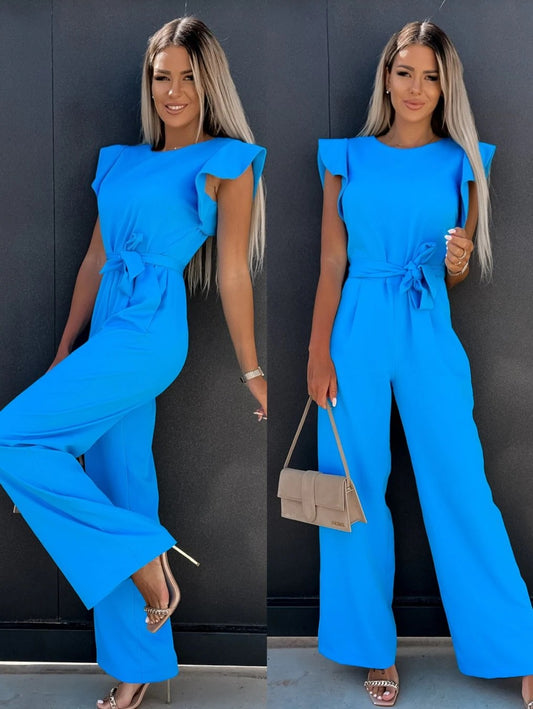 Dame elegant jumpsuit med volantærmer og taljebælte Stilla