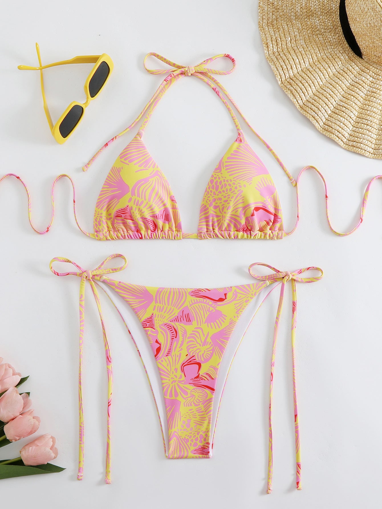 Dame Cropped Triangle-Bikini-Sæt med florale mønstre og justerbare bånd Stilla