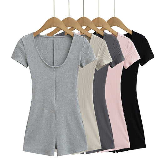 Dame Bodycon Jumpsuit med korte ærmer og elegant V-udskæring Stilla