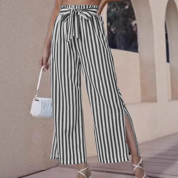 Dame Elegant Høj Talje Palazzo Bukser med Sideslids og Bindebælte Stilla