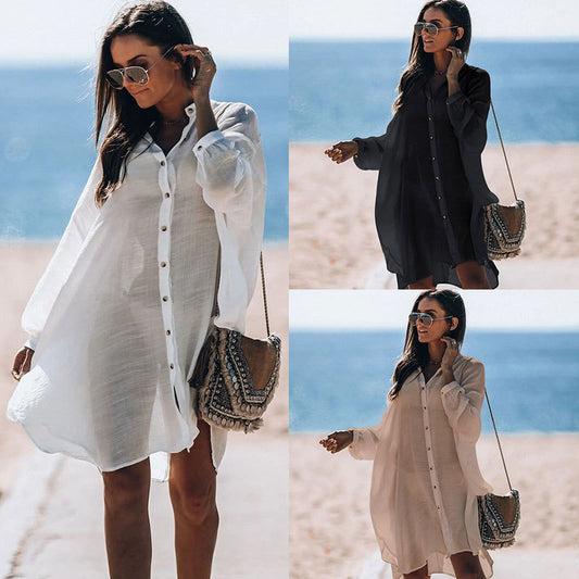 Dame afslappet strand skjorte kjole med knapdetalje og bred pasform Stilla