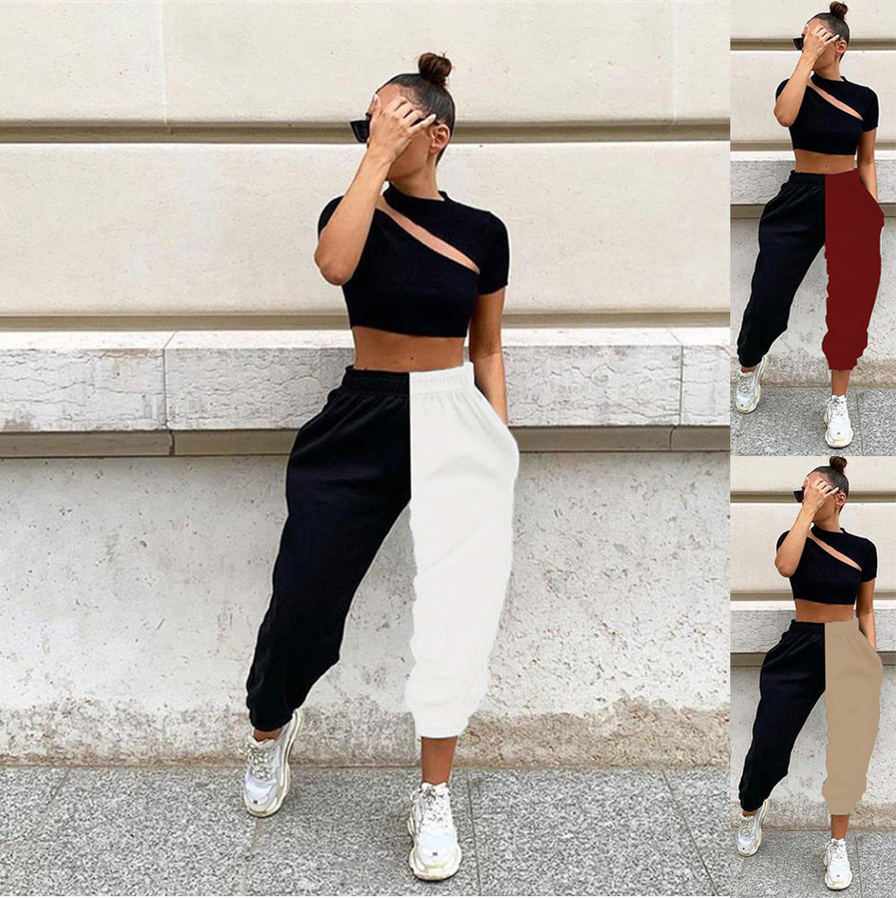 Dame Cut-Out Crop Top og Color-Block Joggingbukser Sæt Stilla