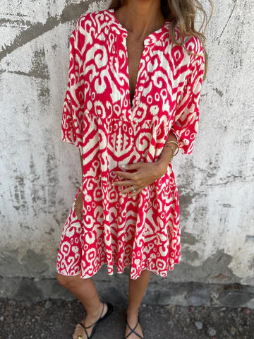 Dame afslappet bomulds kjole med V-udskæring og voluminøse ærmer Stilla