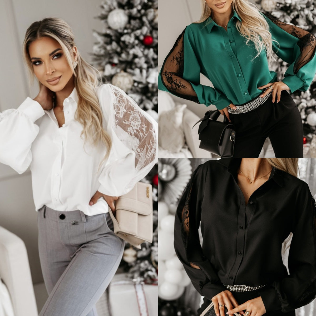 Dame elegant bluse med spids-indlæg Stilla