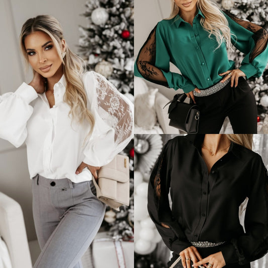 Dame elegant bluse med spids-indlæg Stilla