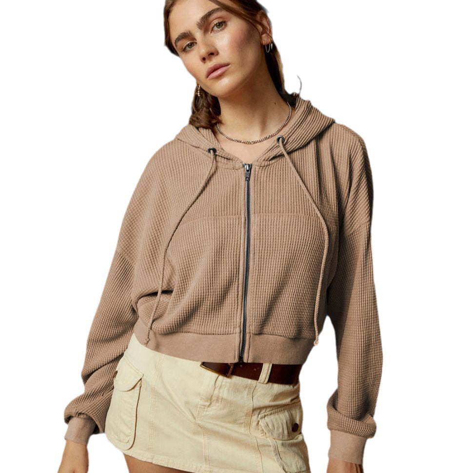 Dame cropped hætte sweatshirt med afslappet vaffelstruktur og lynlås Stilla