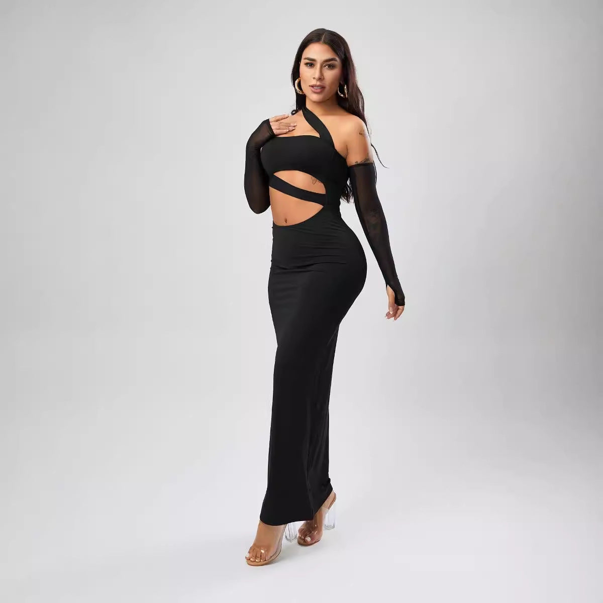 Dame Cut-Out Maxikjole med lange ærmer og vikledetaljer Stilla