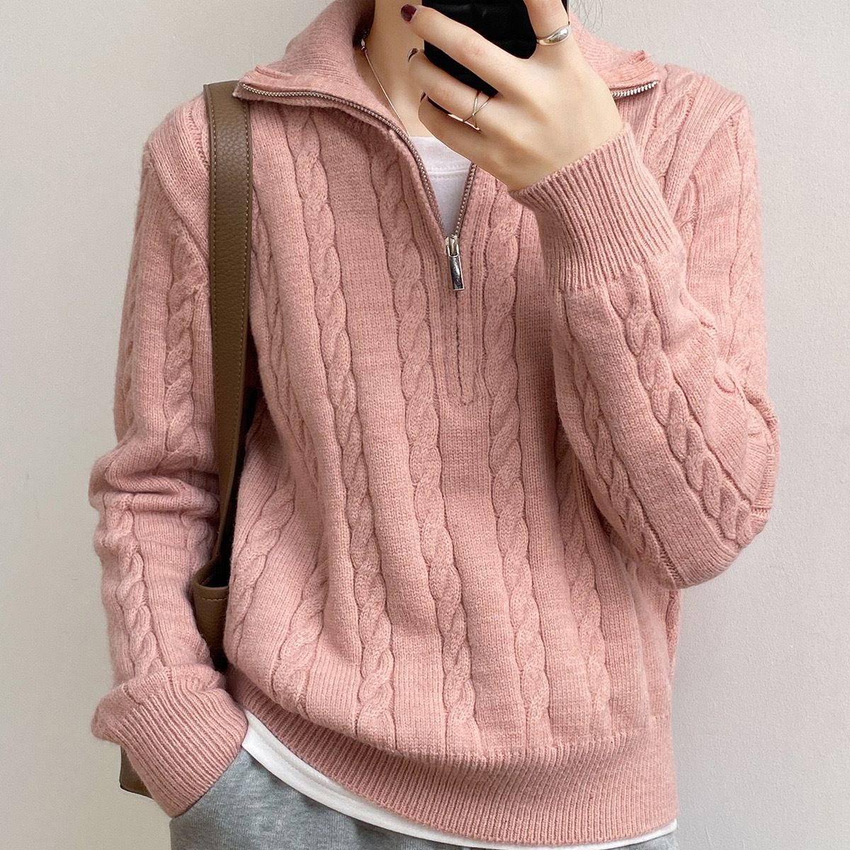 Femme Kabelstrik V-kvart-lynlå Pullover Sweater Stilla