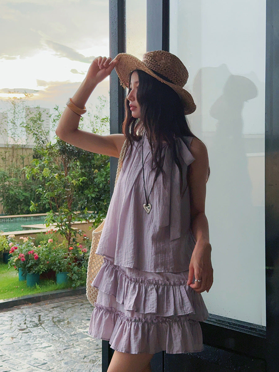 Dame afslappet strandkjole med flæser og sart bånd Stilla