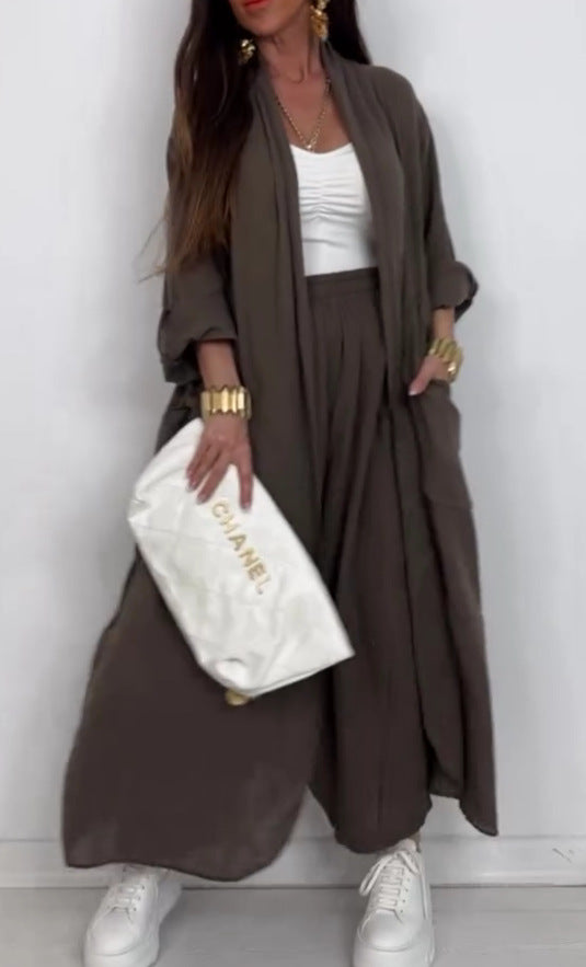 Dame Afslappet Longjakke-Sæt i let stof med lommer Stilla