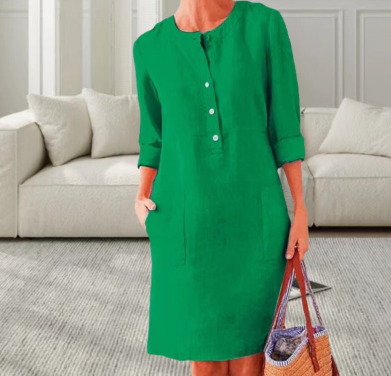 Dame afslappet linnedragt med knaplukning og praktiske lommer Stilla