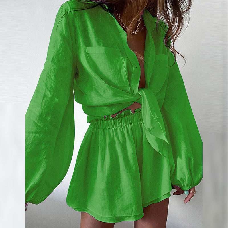 Dame afslappet linned skjorte med korte bukser Stilla