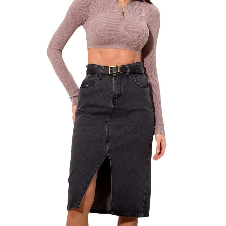 Dame denim midi nederdel med høj slids og alsidigt design Stilla