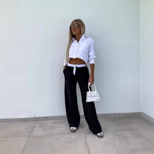 Dame afslappet cropped bluse med brede bukser stil