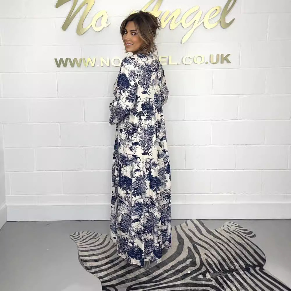 Dame afslappet maxikjole med dekorativt print og lange ærmer Stilla