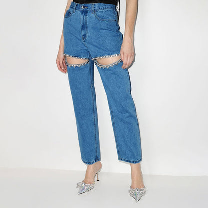 Dame højskårne jeans med stribede cut-out-detaljer og stilfulde strass-applikationer Stilla