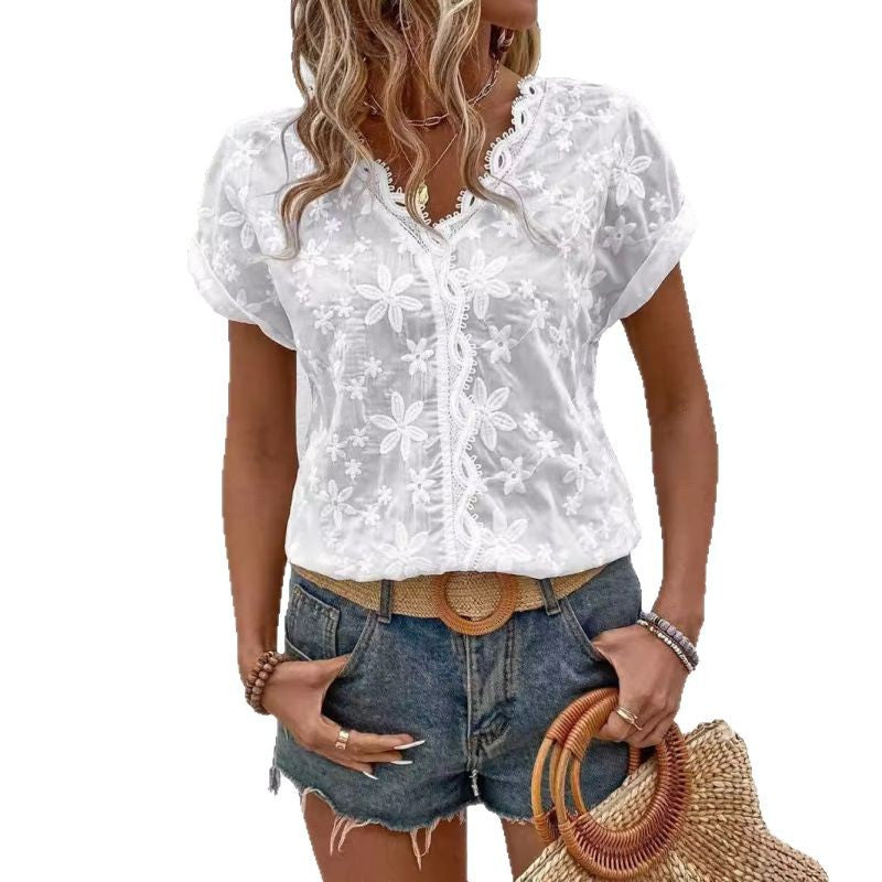 Dame elegant bomuldsbluse med blomsterbroderier Stilla