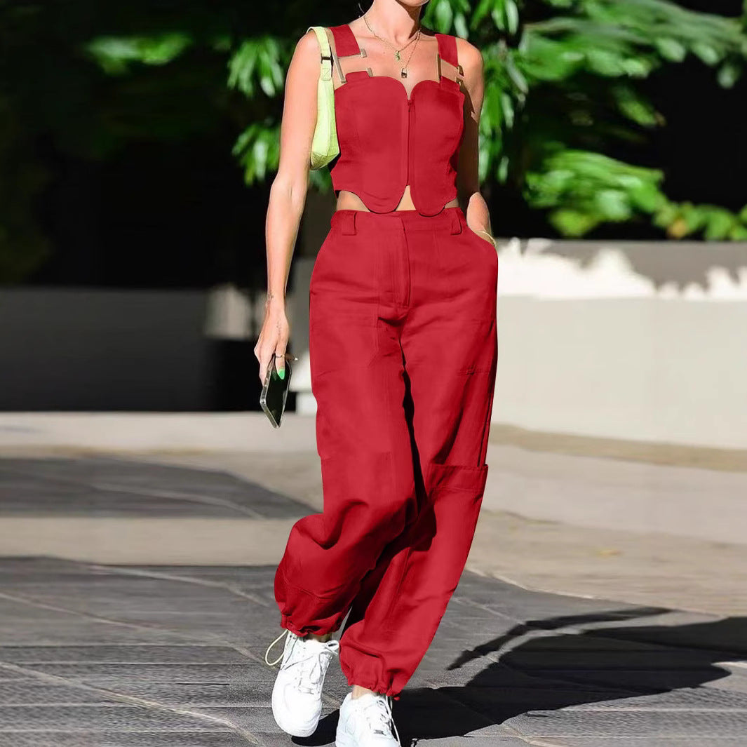 Dame Cropped Top og brede Bukser med Lommer Stilla