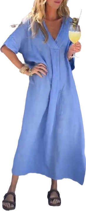 Dame afslappet maxikjole med oversized snit og V-udskæring Stiila