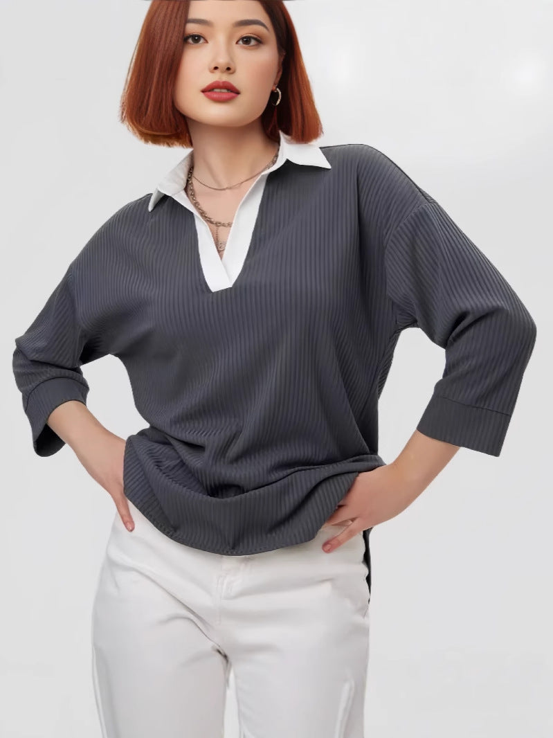 Dame Elegant Bluse med flot Krave og fine Ribbestruktur Detaljer Stilla