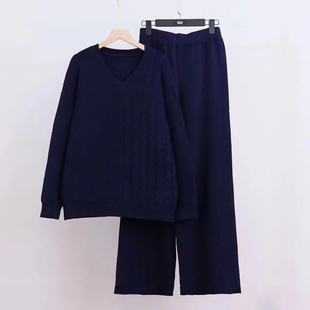 Femme Cozy V-hals Strik Loungewear Sæt Stilla
