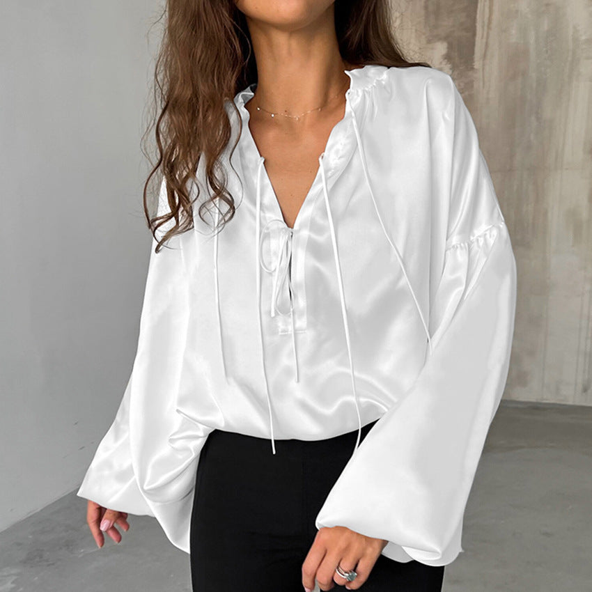 Dame elegant bluse med smart bindebånd og vide ærmer Stilla