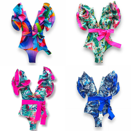 Dame elegant badedragt med vidunderlige flæser og stilbælte Stilla