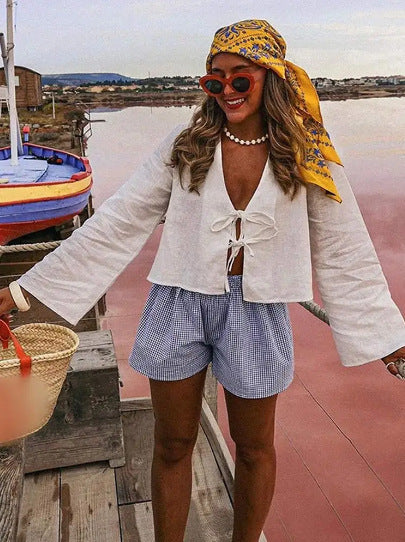 Dame afslappet linnedjakke med knudeåbning Stilla