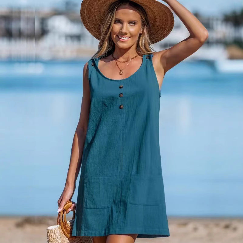 Dame afslappet strandkjole med praktiske lommer og knapdetaljer Stilla