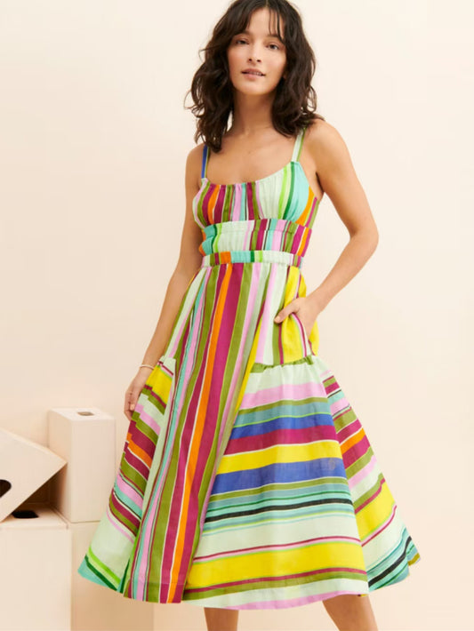 Dame A-linje Sommer Midi Kjole med justerbare stropper og livligt stribemønster Stilla
