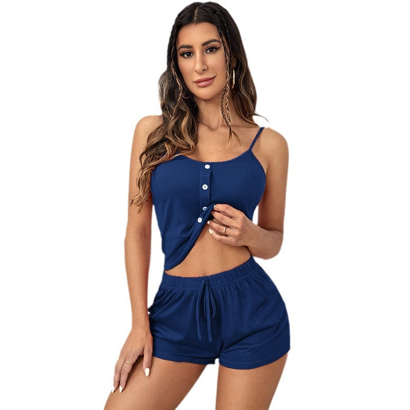 Dame afslappet kortærmet pyjamas-sæt med knaplukning og elastisk talje Stilla