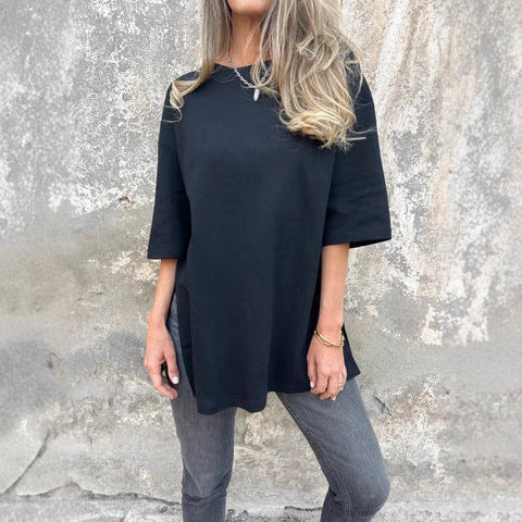 Dame afslappet oversized T-shirt med sidelommer og rund halsudskæring Stilla